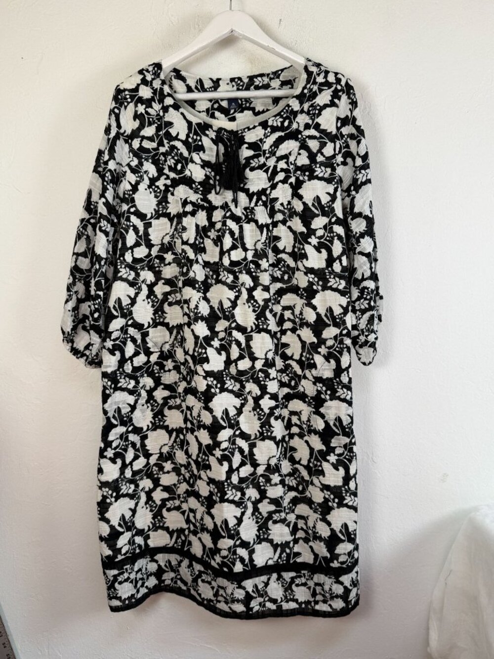 Studio Park Womens Floral Black White Textured Cotton Shift Dress XL 3/4 Sleeve